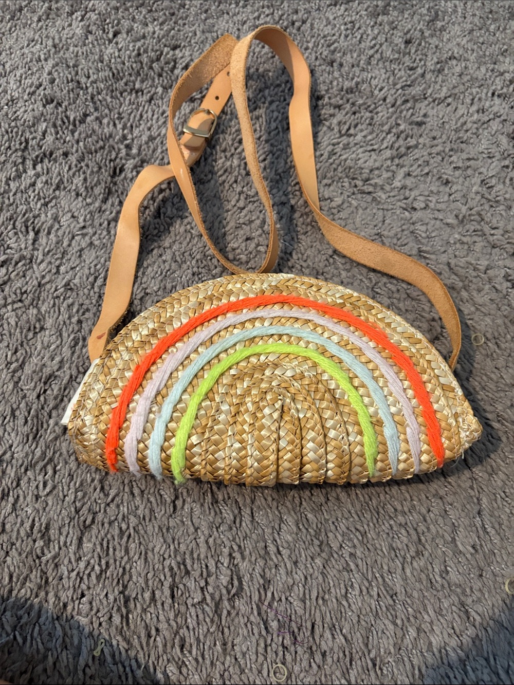 Meri Meri Straw Half-Moon Crossbody with Neon Rainbow Trim